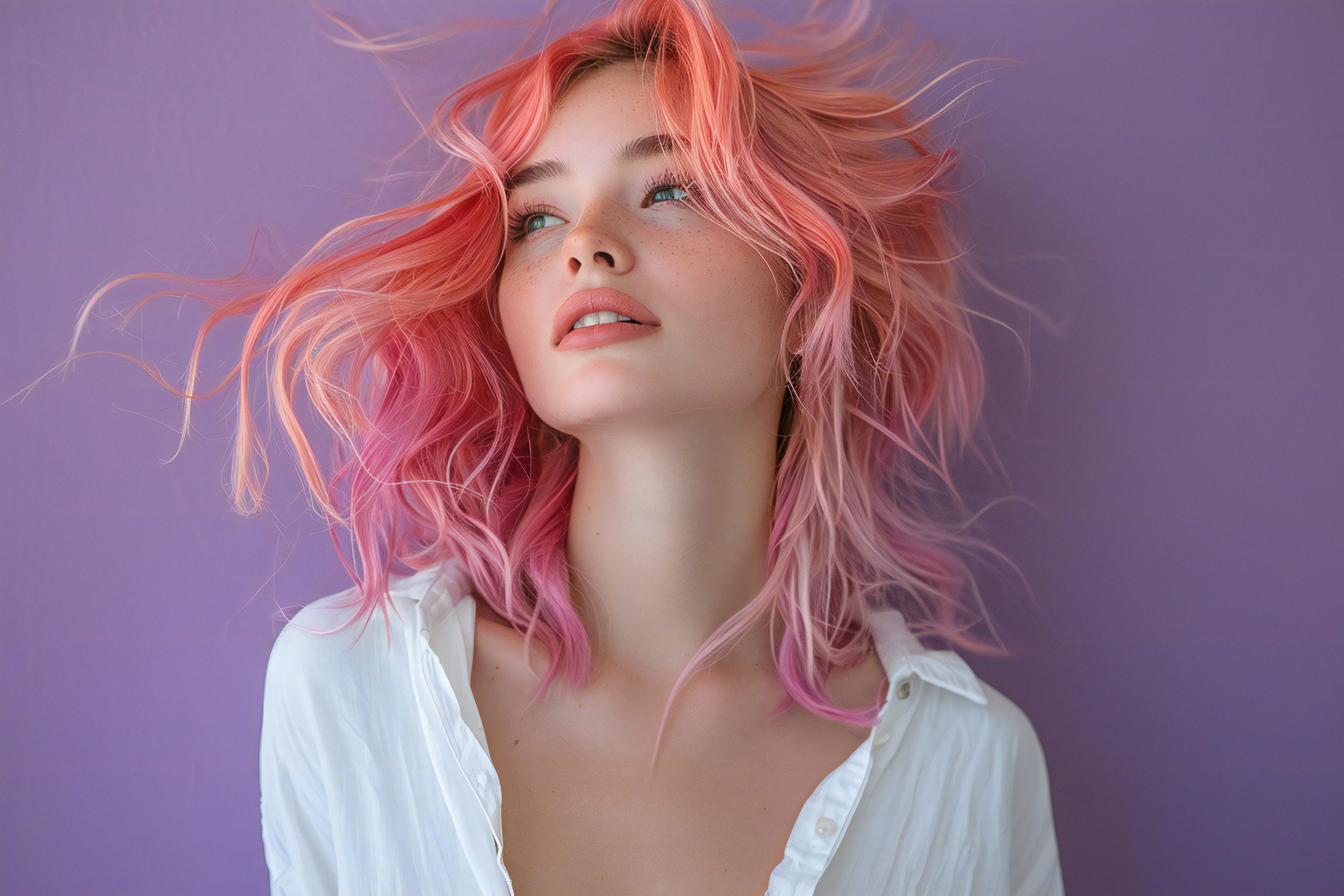 photo-young-woman-with-pink-hair-white-shirt-posing-purple-background-side-view-high-angle